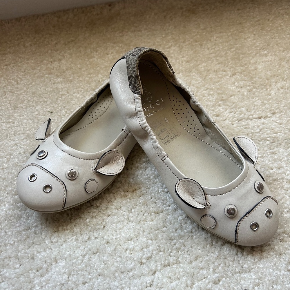 Gucci Cream Leather Kids Ballet Flats with Ear Detail